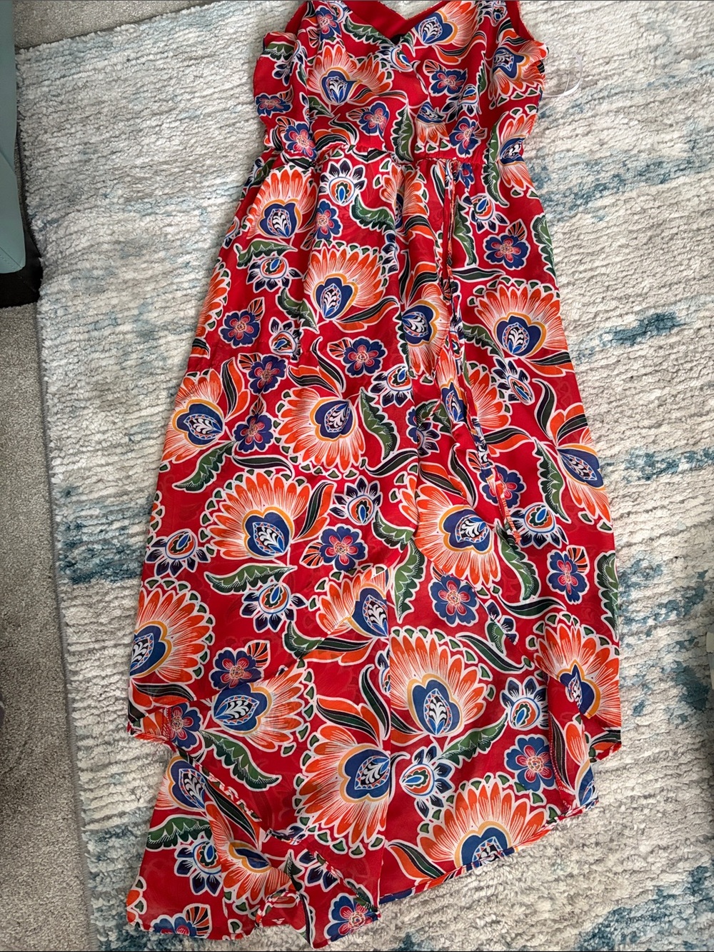 Red Floral Maxi Skirt with Ruffled Hem